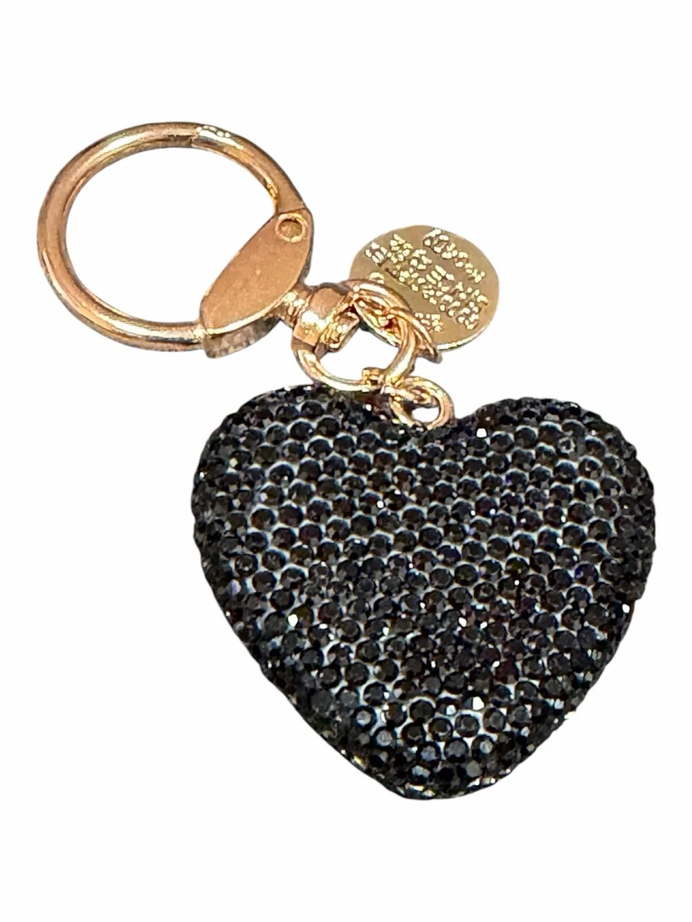 Crystal Heart Keychain Bag Charm - Gold Hardware, Black Crystal Heart